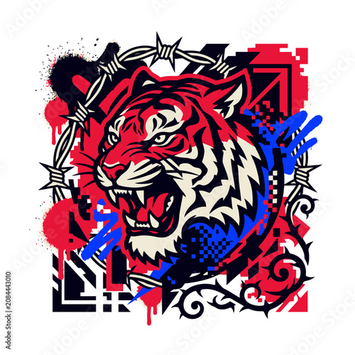 Powerful roaring tiger head illustration with urban graphic elements