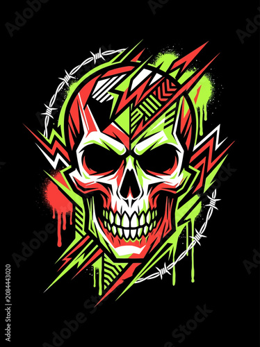 Vibrant skull illustration with lightning bolts and barbed wire