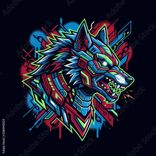Colorful cybernetic wolf head with glowing eyes and bared teeth
