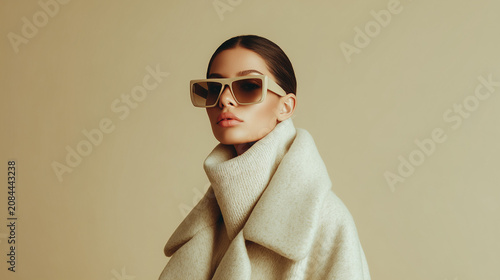 Elegant Young Brunette Woman Wearing Stylish Sunglasses in Studio with Winter Fashion Glamour and Beautiful Smiling Portrait
