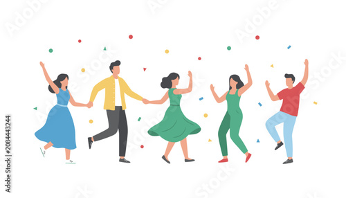 Group of happy people dancing and celebrating together with confetti falling in a joyful atmosphere for social events or party concepts.