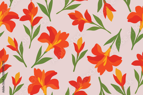 Seamless tropical floral pattern with vibrant orange and red blooms, lush green leaves, and a soft blush background. Perfect for fabric, wallpaper, wrapping, and decor.
