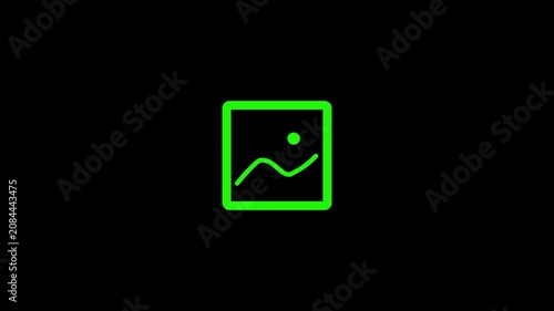 Iconography representing digital image gallery features a square frame with a stylized landscape element in vivid green on a solid black background designed for minimalist user interface design.