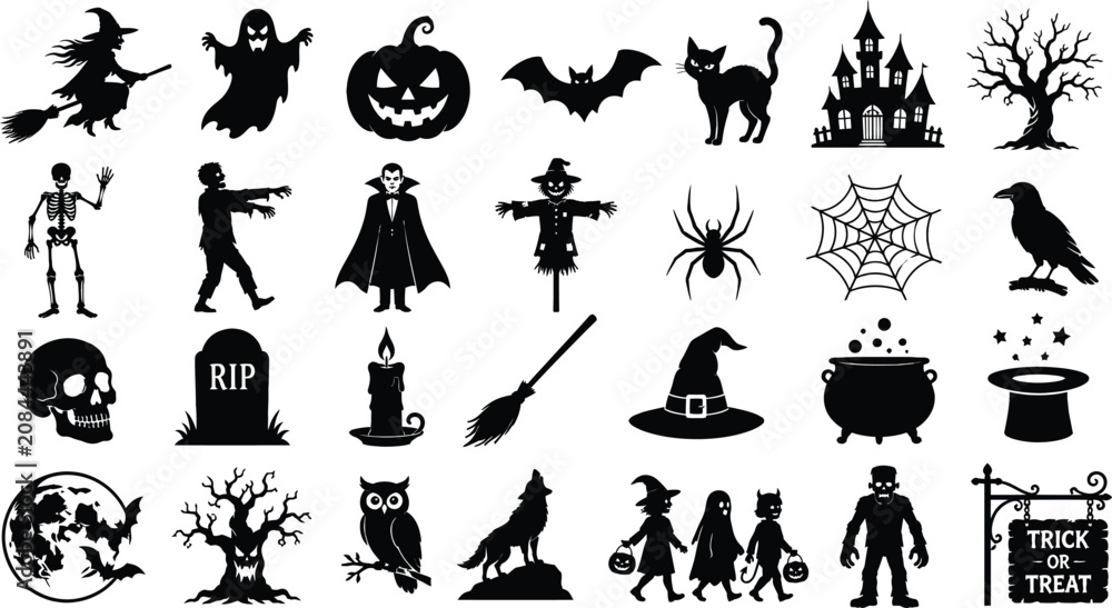 Fototapeta premium Halloween Silhouettes Collection Black Shapes On White Background