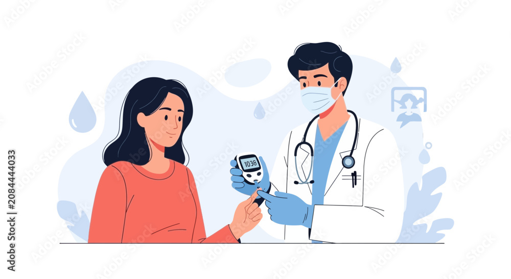 Obraz premium Doctor checking blood glucose level with glucometer for patient, diabetes screening and healthcare concept illustration