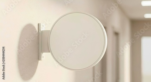 Blank round wall sign mockup on office hallway - Minimalist indoor store shop signage concept - Horizontal banner as