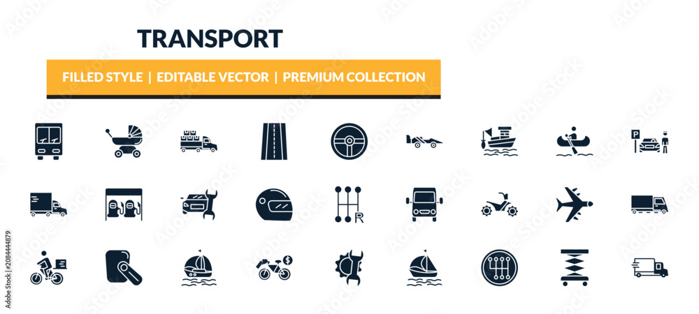 Obraz premium filled transport icons set - public transportation, pram, loaded truck side view, fishing boat. editable vector for web and mobile ui