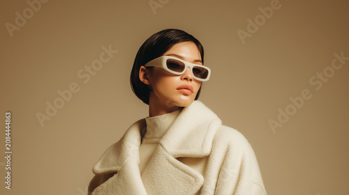 Stylish Young Brunette Woman Wearing Black Sunglasses in Studio Fashion Portrait with Glamorous Beauty and Confident Smile