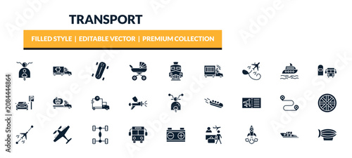 Quadro su tela filled transport icons set - scooter bike, recycling truck, longboard, flying airplane