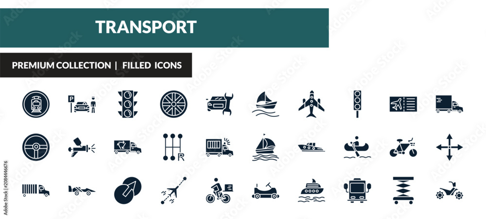 Obraz premium filled transport icons set - tram stop label, parking men, semaphore, steering. editable vector for web and mobile ui