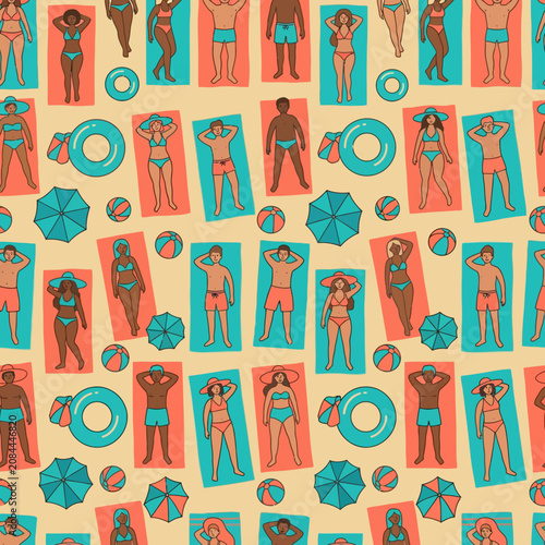 Fotografie Seamless vector pattern of people sunbathing on the beach