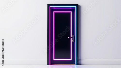 Virtual 3D Render of a Futuristic Door Framed with Glowing Pink and Blue Neon Lights