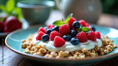 Beautiful modern house creative iteration design style concept nature Preparing healthy breakfast with berries yogurt
