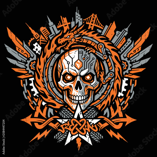 Intricate skull design with a dragon, gears and cityscape elements
