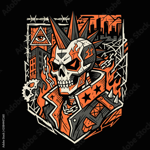 Rebellious skull illustration with mohawk, jacket and city elements
