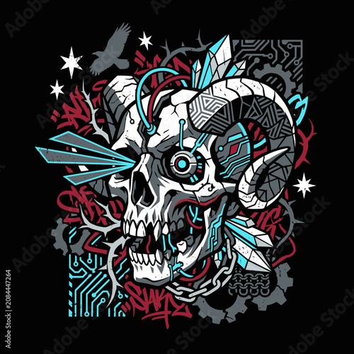 Intricate cyber skull design featuring horns, circuits and crystals