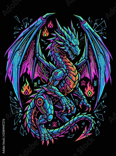 Vibrant digital illustration of a powerful mechanical dragon