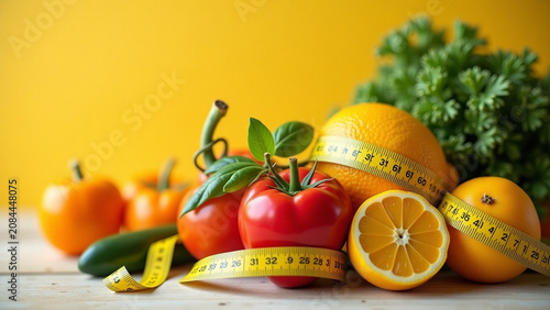 Food and measuring tape iteration for weight loss and nutrition concept ar beautiful modern house