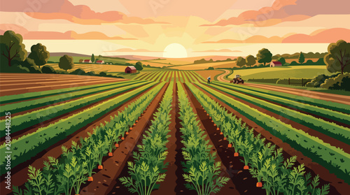 Beautiful Agricultural Landscape with Green Vegetable Rows at Sunset Over Fertile Farm Land and Sunny Sky