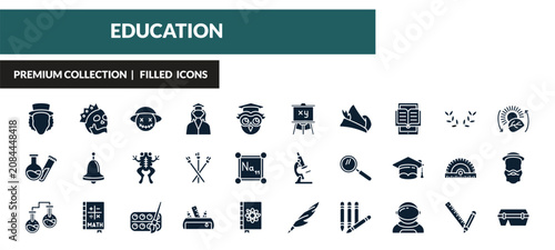 Foto filled education icons set - eugene onegin, yorick, wizard of oz, test tubes