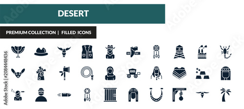 Foto filled desert icons set - saddle, desert hat, bull skull, fennec