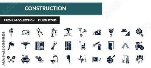 Fotografie filled construction icons set - home key, truck with crane, inclined clippers, inclined ax