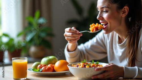 House creative design style iteration concept Healthy breakfast banner with woman eating and copy space