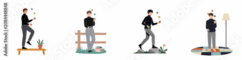 Flat illustration set of a young man juggling balls in various indoor and outdoor settings, symbolizing balance, hobby, and multitasking in daily life.