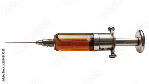 Schilderij op canvas Isolated old-fashioned glass and metal medical syringe filled with amber liquid