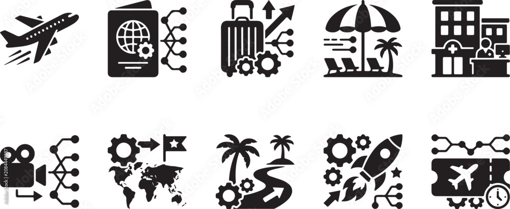 Fototapeta premium Travel & Tourism Icon Set - Airplane, Passport, Vacation & Hotel Vector Icons