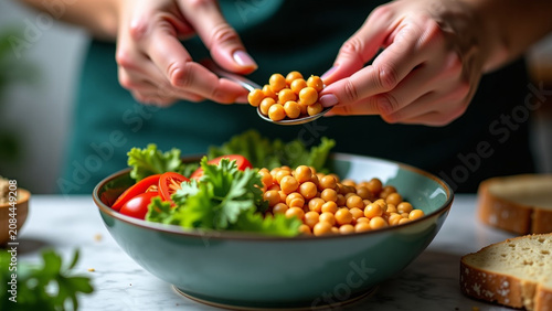 House creative design style iteration Hands eating healthy meal prep lunch with vegetables and chickpeas