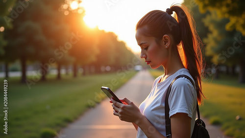 Modern house creative design iteration style concept nature Thoughtful woman using smartphone outdoors with copy