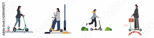 Set of vector illustrations showing professional women commuting to work on electric kick scooters in the city, promoting sustainable urban mobility.