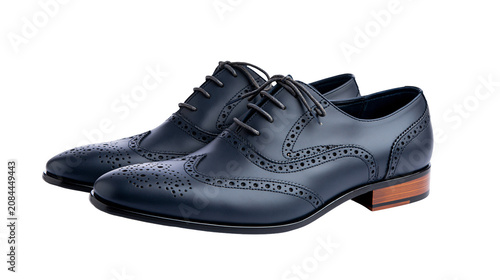 Quadro su tela Dark blue leather wingtip brogue shoes with wooden heel, isolated on transparent
