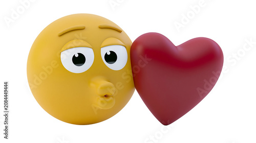 Fotografía Yellow kissing emoji face with puckered lips touching a red heart, isolated on t