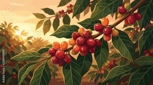 Ripe Organic Coffee Berries on a Tree Branch with Green Leaves in a Sunlit Plantation Field during Golden Hour