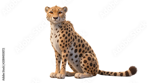 Isolated cute cartoon cheetah sitting, an adorable spotted wild animal character with orange eyes