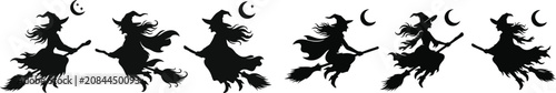 Konstfotografi Halloween witch silhouettes flying on broomsticks with crescent moons spooky vec