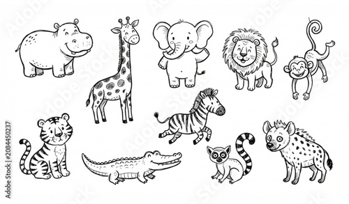 Photography Hand Drawn Cute Wild Safari Animal Collection with Hippopotamus Giraffe Elephant