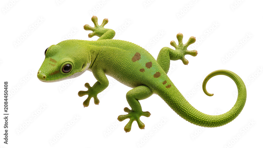 Fototapeta premium Isolated green gecko with textured skin and spotted patterns, a common reptile species