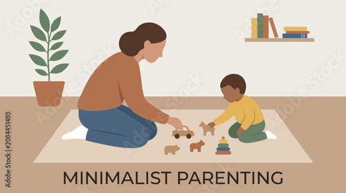 Quadro su tela Parent And Child Playing With Just A Few Wooden Toys Illustrating Minimalist Par