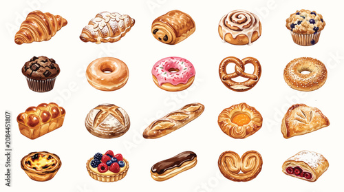 Photos A diverse assortment of freshly baked pastries and bread, including croissants, donuts, muffins, and more, displayed against a clean white background