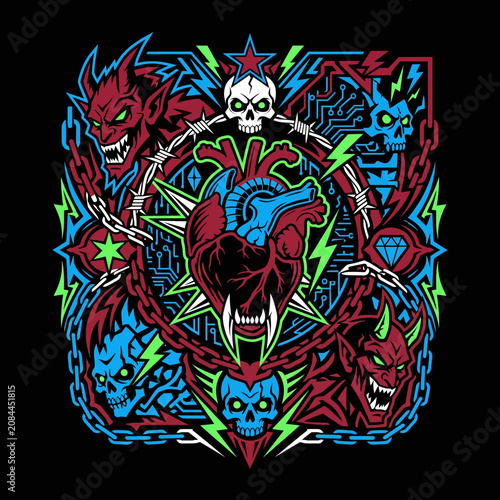 Fotografi Vibrant dark art illustration with heart, skulls and demons