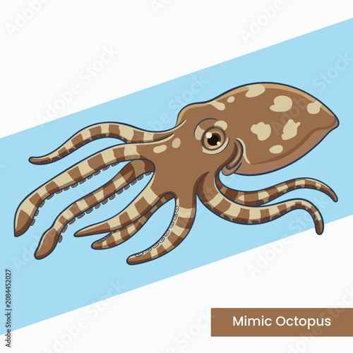 Detailed vector artwork of a mimic octopus with unique striped patterns. Ideal for marine biology guides, aquarium displays, and educational aquatic animal collections.