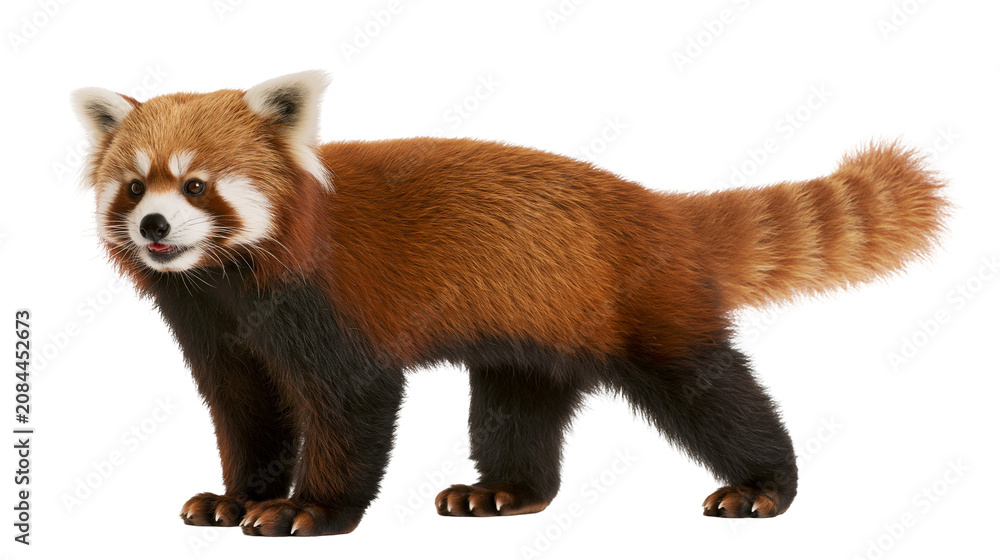 Fototapeta premium Red panda with bushy striped tail standing alert, isolated on transparent background