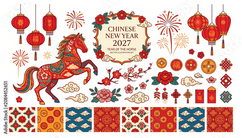 Year of the horse 2027 chinese new year festive decoration kit with traditional patterns and symbols decoration lanterns ornaments fireworks traditional illustration celebration prosperity