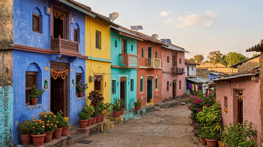 Fototapeta premium Vibrant colorful traditional houses in a rural indian village street, featuring bright blue, yellow, turquoise, and pink facades with potted plants and flowers