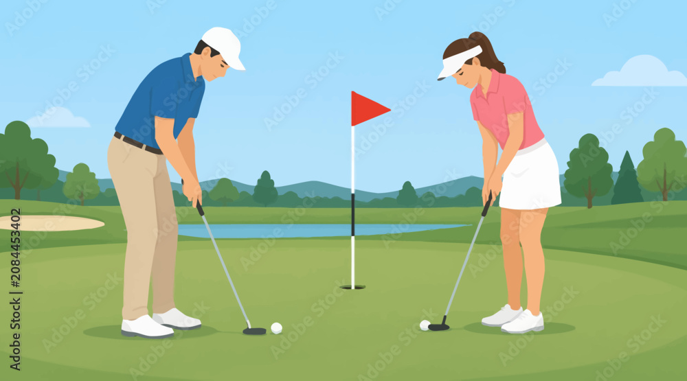 Obraz premium Man and woman playing golf on a green course with flag and trees
