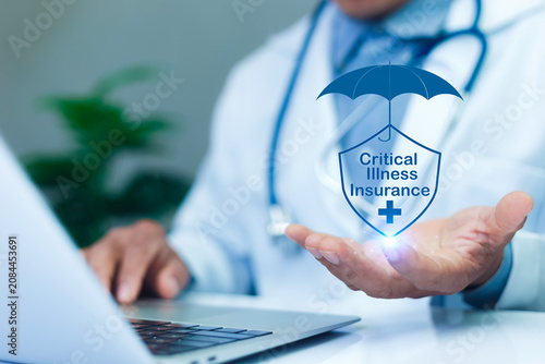 Critical illness insurance concept .critical illness insurance icon is in the hand of a doctor, Represents healthcare coverage, financial protection, medical expenses, and insurance planning.