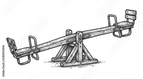 Bild auf Leinwand Wooden Seesaw on White Background - Vintage Playground Equipment